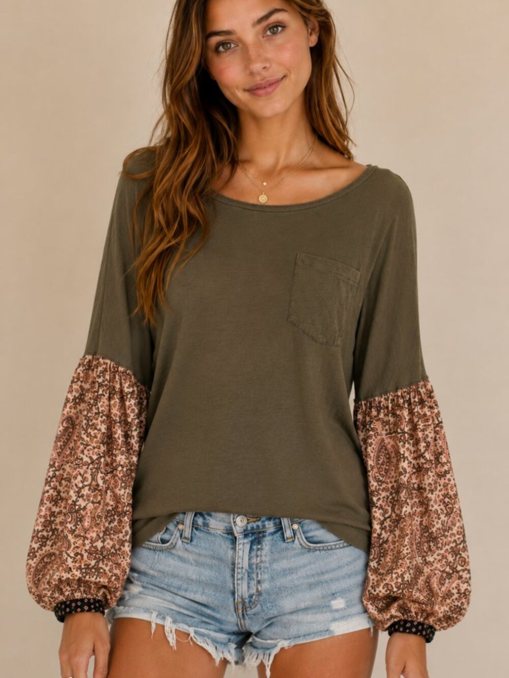 We The Free Free People Oversized Olive Mixed Print Balloon Sleeve Pocket Top
